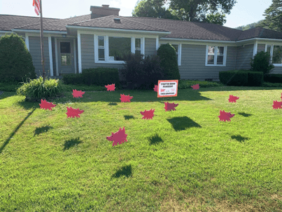 The army of flying pigs in front of Maddie's house in July of 2020